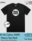 BUNDLE X 100 AS Colour 5080 Heavy Tee T-Shirts With Free DTG Print