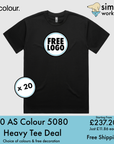 Check out the BUNDLE X 20 AS Colour 5080 Heavy Tees by MyNeedsAreSimple, featuring a circular "FREE LOGO" design. Made from 100% carded cotton in an oversized fit, get 20 tees for £237.20 with free shipping and decoration options from Simple Workwear.