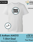 BUNDLE X 5 Anthem AM010 Organic Cotton T-Shirts With Free DTG Print