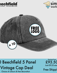BUNDLE X 10 Beechfield Relaxed 5-Panel Vintage Cap With Free Embroidered Logo