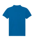 Back view of the Stanley/Stella STPK908 Mini Sprinter The Iconic Kids Polo, a plain blue collared shirt made from soft organic cotton, laid flat on a white background.