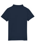 The Stanley/Stella Mini Sprinter The Iconic Kids Polo (STPK908) is shown laid flat in navy blue organic cotton, short-sleeve style, with a view from the back.