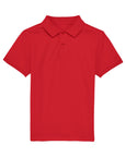 The Stanley/Stella STPK908 Mini Sprinter Kids Polo is a plain red, short-sleeve polo with a collar and two buttons, made from soft organic cotton and shown on a white background.