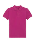 The Stanley/Stella STPK908 Mini Sprinter The Iconic Kids Polo is a magenta, short-sleeved polo shirt with a collar and two-button placket, made from soft organic cotton and shown laid flat on a white background.