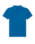 The Stanley/Stella STPK908 Mini Sprinter The Iconic Kids Polo is a plain blue, short-sleeve polo shirt with a collar and two buttons, made from soft organic cotton. Displayed on a white background.