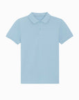 The Stanley/Stella STPK908 Mini Sprinter Kids Polo is a light blue, short-sleeve shirt with a collar and two-button placket, made from soft organic cotton and shown on a plain white background.