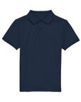 The Stanley/Stella STPK908 Mini Sprinter The Iconic Kids Polo is a plain, short-sleeved navy blue shirt made from soft organic cotton, featuring a collar and two front buttons, displayed on a white background.