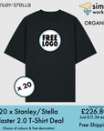 Get a BUNDLE X 20 Stanley/Stella Blaster 2.0 T-Shirts With Free DTG Print from MyNeedsAreSimple—black, oversized high neck, organic cotton, including decoration and shipping—starting at £226.80.