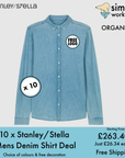 Check out the BUNDLE X 10 Stanley/Stella Men's Denim Shirts for £263.40, each at £26.34, from MyNeedsAreSimple. Featuring free logo print/embroidery and free shipping, these organic cotton shirts are sustainable essentials available in various colors.
