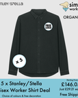BUNDLE X 5 Stanley/Stella Worker Unisex Relaxed Shirts With Free Print/Embroidery Logo