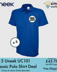BUNDLE X 5 Uneek Classic Polo Shirts With Free Print/Embroidery Logo