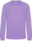 A vegan-certified JH30J AWDi Just Hoods Kids Sweatshirt by MyNeedsAreSimple, featuring a plain lavender hue and crewneck design, displayed against a white background.