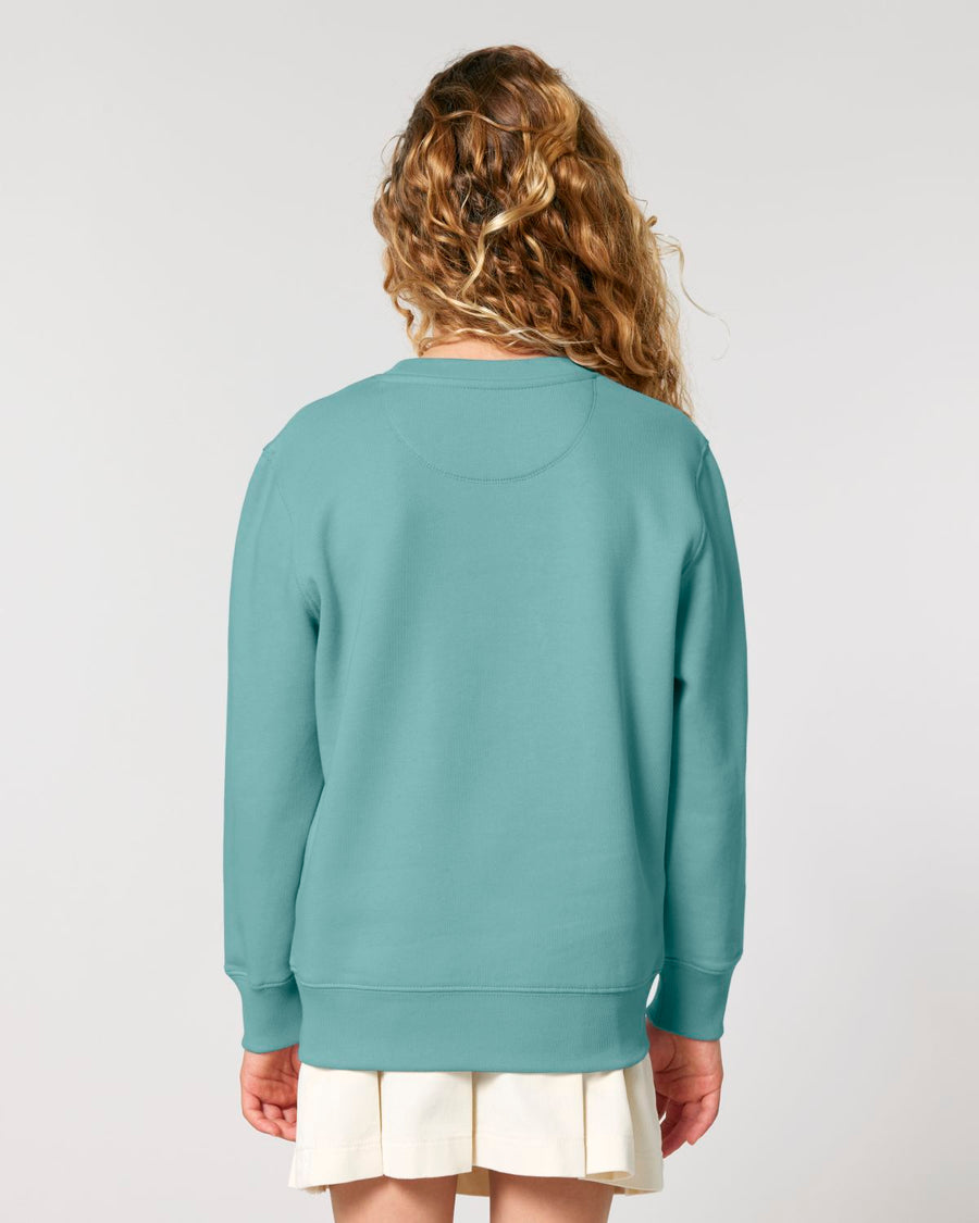 A person wearing a blue STSK181 Stella organic cotton sweater.