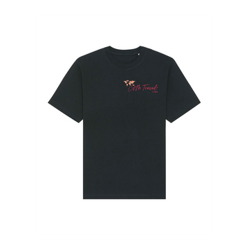 STTU788 Stanley/Stella Freestyler Heavy Organic Cotton Unisex T-Shirt with the phrase "eat travel" embroidered in red on the chest.
