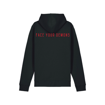 Black STSU168 Stanley/Stella Drummer 2.0 Hoodie Black (C002) made from organic cotton and recycled polyester, featuring the phrase "FACE YOUR DEMONS" in bold red capital letters on the back from Stanley/Stella.