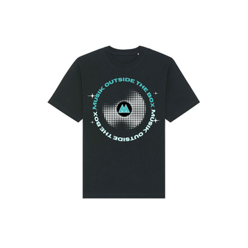 **Stanley/Stella STTU788 Stanley/Stella Freestyler Heavy Organic Cotton Unisex T-Shirt**, featuring a circular graphic with a blue, triangular logo in the center. Text around the circle reads "MUSIK OUTSIDE THE BOX" repeatedly.
