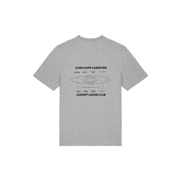 Heather Grey Stanley/Stella STTU169 Creator 2.0 T-shirt featuring a detailed diagram of a canoe and text that reads "Clwb Canw Caerdydd" and "Cardiff Canoe Club" on the back, crafted from soft single jersey organic cotton for superior comfort.