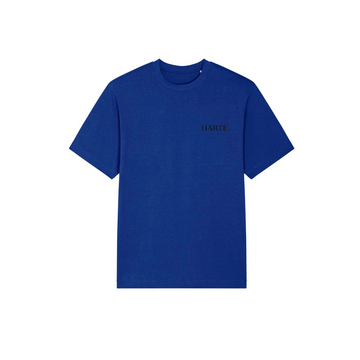 Blue Stanley/Stella Freestyler Heavy Organic Cotton unisex t-shirt with the word "harte" embroidered in small, black font on the left chest area, displayed against a white background.