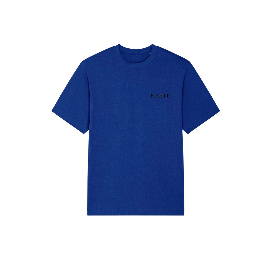 Blue Stanley/Stella Freestyler Heavy Organic Cotton unisex t-shirt with the word "harte" embroidered in small, black font on the left chest area, displayed against a white background.