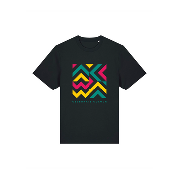 Black unisex Stanley/Stella Sparker 2.0 heavy t-shirt featuring a colorful geometric pattern and the phrase "celebrate colour" in white text.