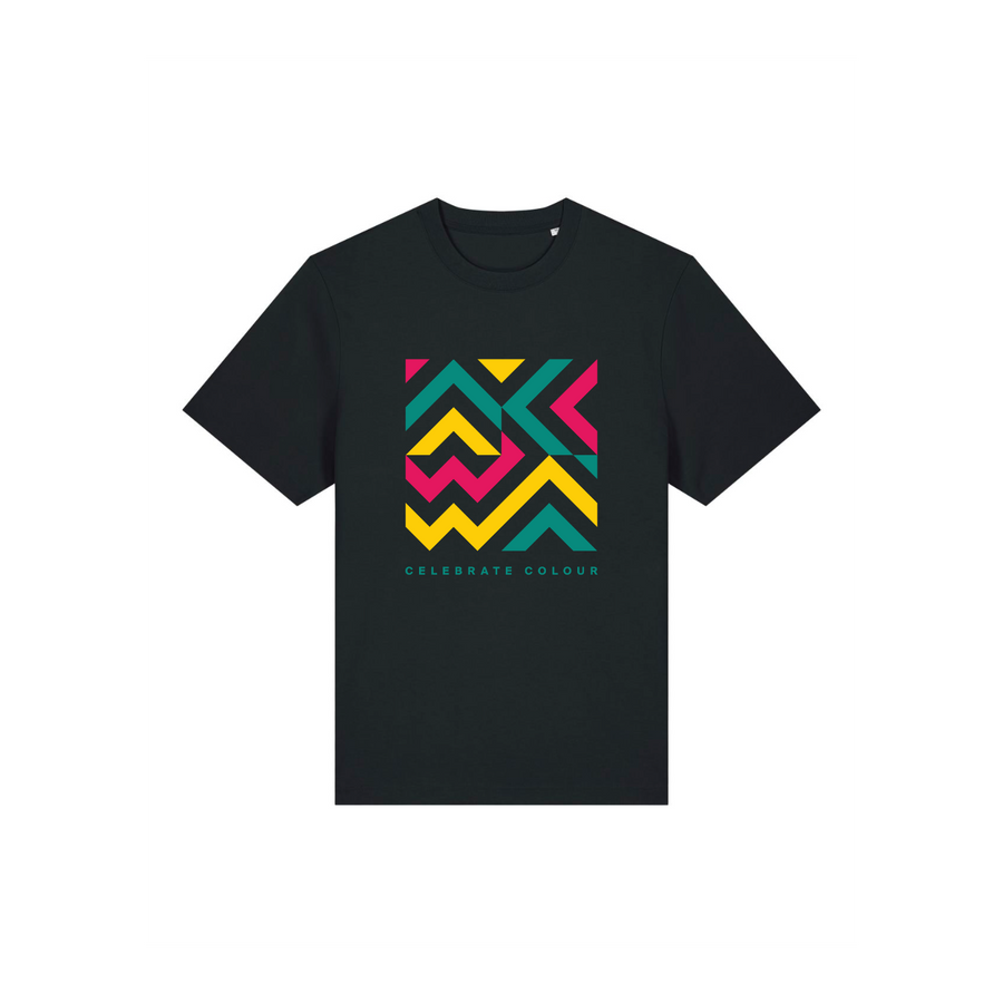 Black unisex Stanley/Stella Sparker 2.0 heavy t-shirt featuring a colorful geometric pattern and the phrase "celebrate colour" in white text.