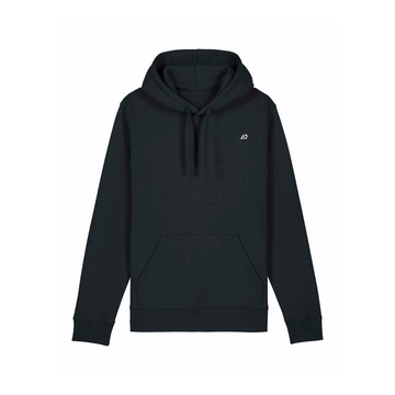 A STSU168 Stanley/Stella Drummer 2.0 Hoodie Black (C002) by Stanley/Stella, featuring a front pocket and drawstrings. Crafted from recycled polyester, this unisex hoodie combines style with sustainability.