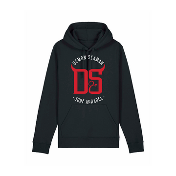 Black unisex hoodie sweatshirt, Stanley/Stella STSU168 Stanley/Stella Drummer 2.0 Hoodie Black (C002), with "DEMON SEAMAN DS SURF APPAREL" written on it in bold red and white text, crafted from a blend of recycled polyester and organic cotton.