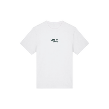 White unisex heavy T-shirt crafted from organic cotton with the small text "let's go snacks" in black on the upper front. Product Name: STTU171 Stanley/Stella Sparker 2.0 White (C001) Brand Name: Stanley/Stella