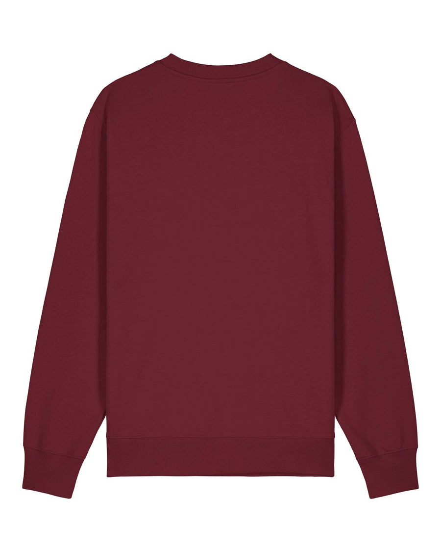 Plain maroon Stanley/Stella organic cotton sweatshirt isolated on a white background.