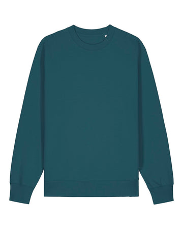 Organic cotton teal sweatshirt with long sleeves and a crew neck, displayed on a white background from Stanley/Stella.