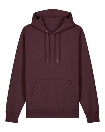 Plain maroon Stanley/Stella sweatshirt with drawstrings and a front pocket.