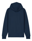 A STSU179 Stella/Stella Cultivator 2.0 French Navy (C727) unisex hoodie by Stanley/Stella, viewed from the back, showing the hood, long sleeves, and waistband. Made from organic cotton, it offers a blend of comfort and sustainability.