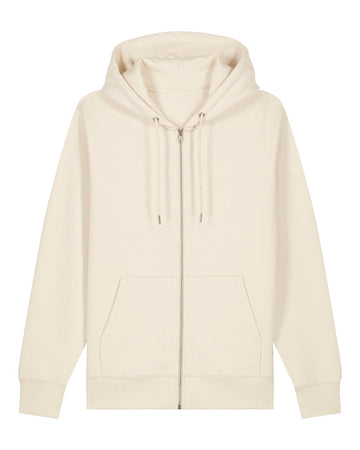 Plain beige unisex zip-thru hoodie with front pockets on a white background, made from organic ring-spun combed cotton STSU179 Stella/Stella Cultivator 2.0 Natural Raw (C054) by Stanley/Stella.