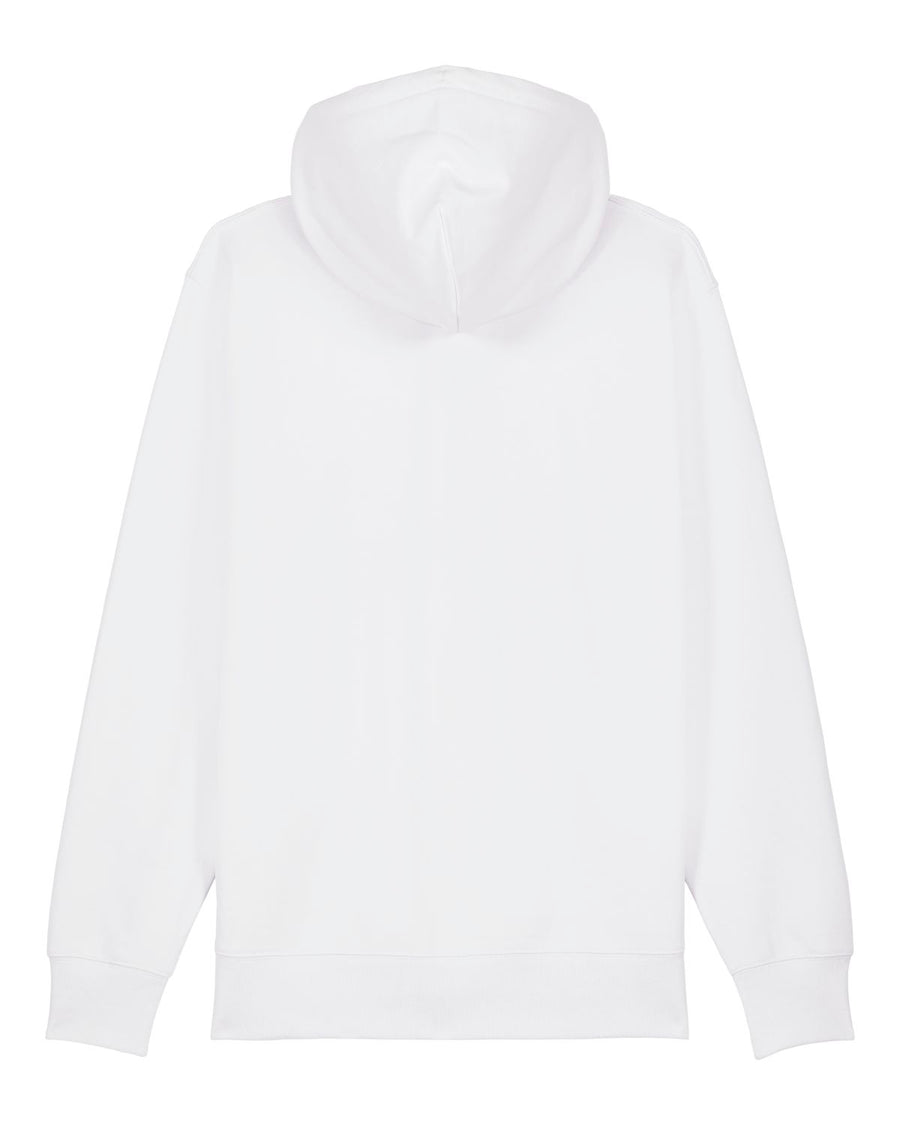 A white unisex zip-thru hoodie, the STSU179 Stella/Stella Cultivator 2.0 White (C001) by Stanley/Stella, made from organic cotton and shown from the back, showcases its premium brushed fleece for unparalleled comfort.