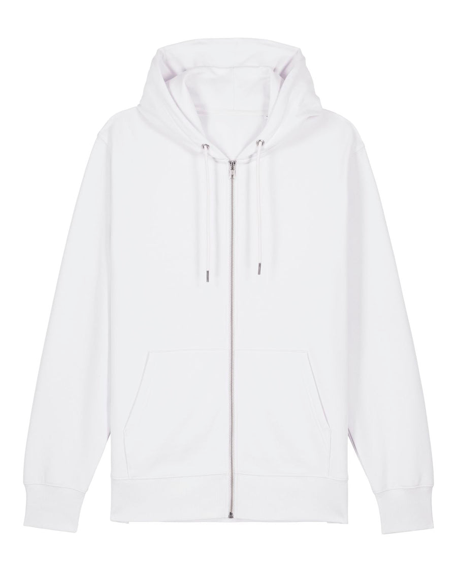 A plain white Stanley/Stella STSU179 Stella/Stella Cultivator 2.0 White (C001) unisex zip-thru hoodie made from organic cotton, featuring drawstrings and front pockets, displayed against a white background.