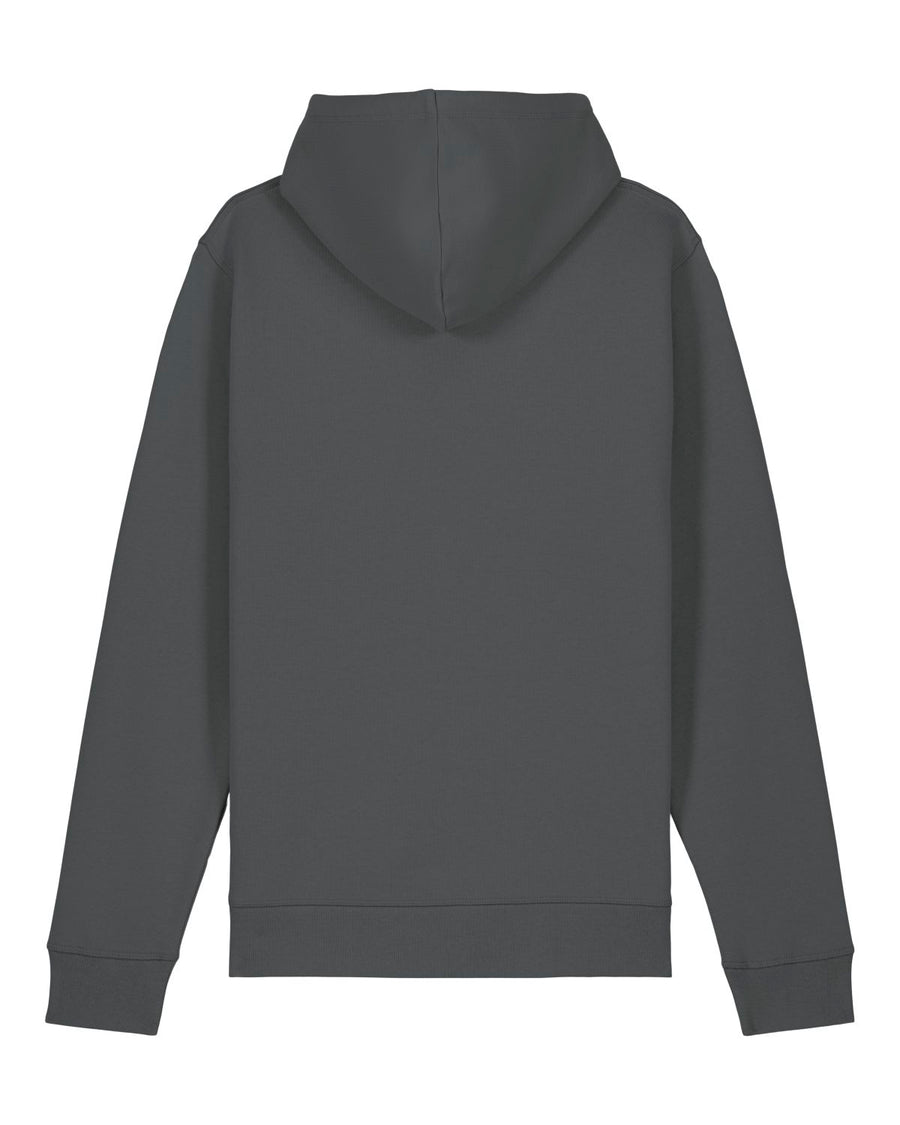 Back view of a plain, dark grey unisex hoodie. The design is simple and unadorned, with long sleeves and ribbed cuffs. Crafted from organic cotton and recycled polyester, this Stanley/Stella STSU168 Stanley/Stella Drummer 2.0 Hoodie Anthracite (C253) combines comfort with eco-friendly materials.