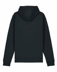The image shows the back view of a black STSU168 Stanley/Stella Drummer 2.0 Hoodie Black (C002) made from recycled polyester. The hood is up, and the design is plain with no visible logos or text by Stanley/Stella.