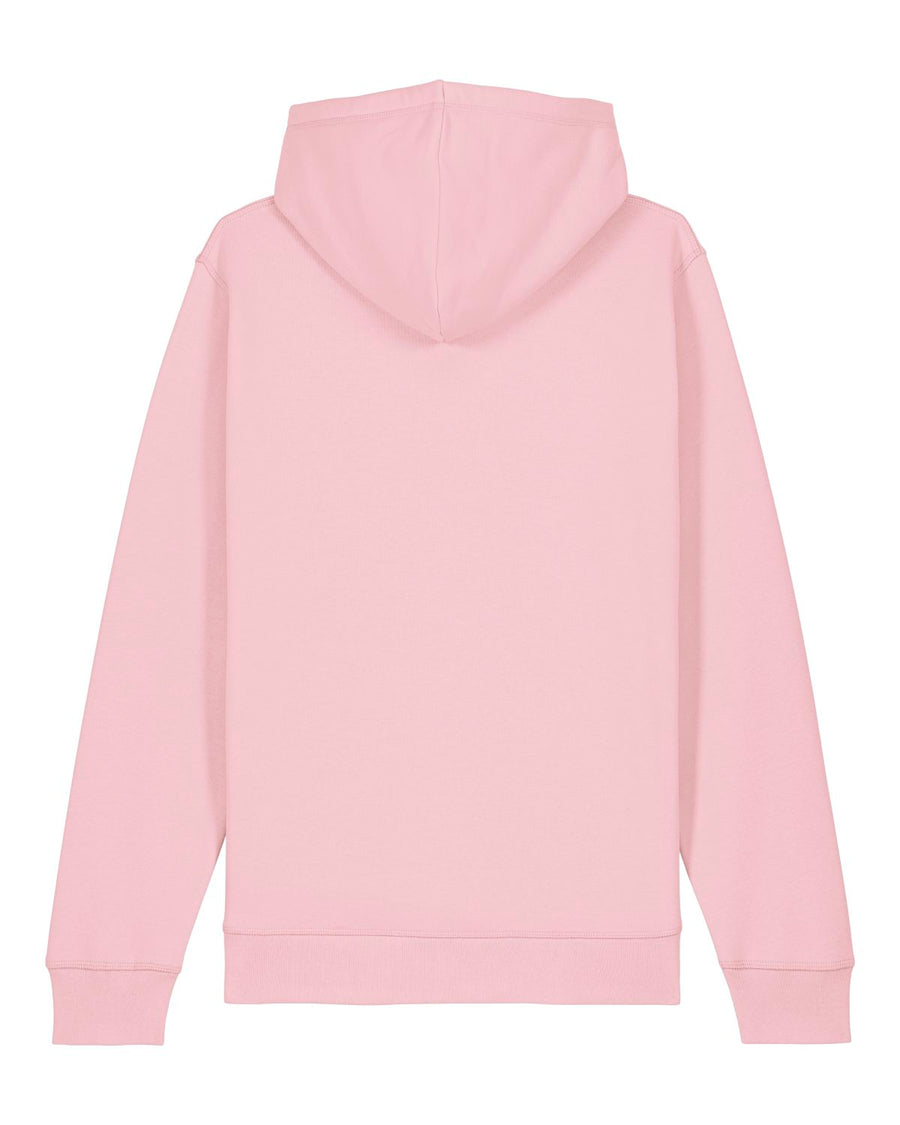 An upgraded, iconic unisex Stanley/Stella pink hoodie, displaying its back view.