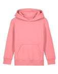 The Stanley/Stella STSK180 Mini Cruiser 2.0 Pink Joy (C360) is a kids hoodie in soft organic cotton with a front pocket, long sleeves, ribbed cuffs and hem, shown laid flat on a white background.