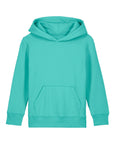 The Stanley/Stella STSK180 Stella/Stella Mini Cruiser 2.0 hoodie in Pool Blue (C357) is a kids’ hoodie crafted from soft organic cotton, shown against a crisp white background.
