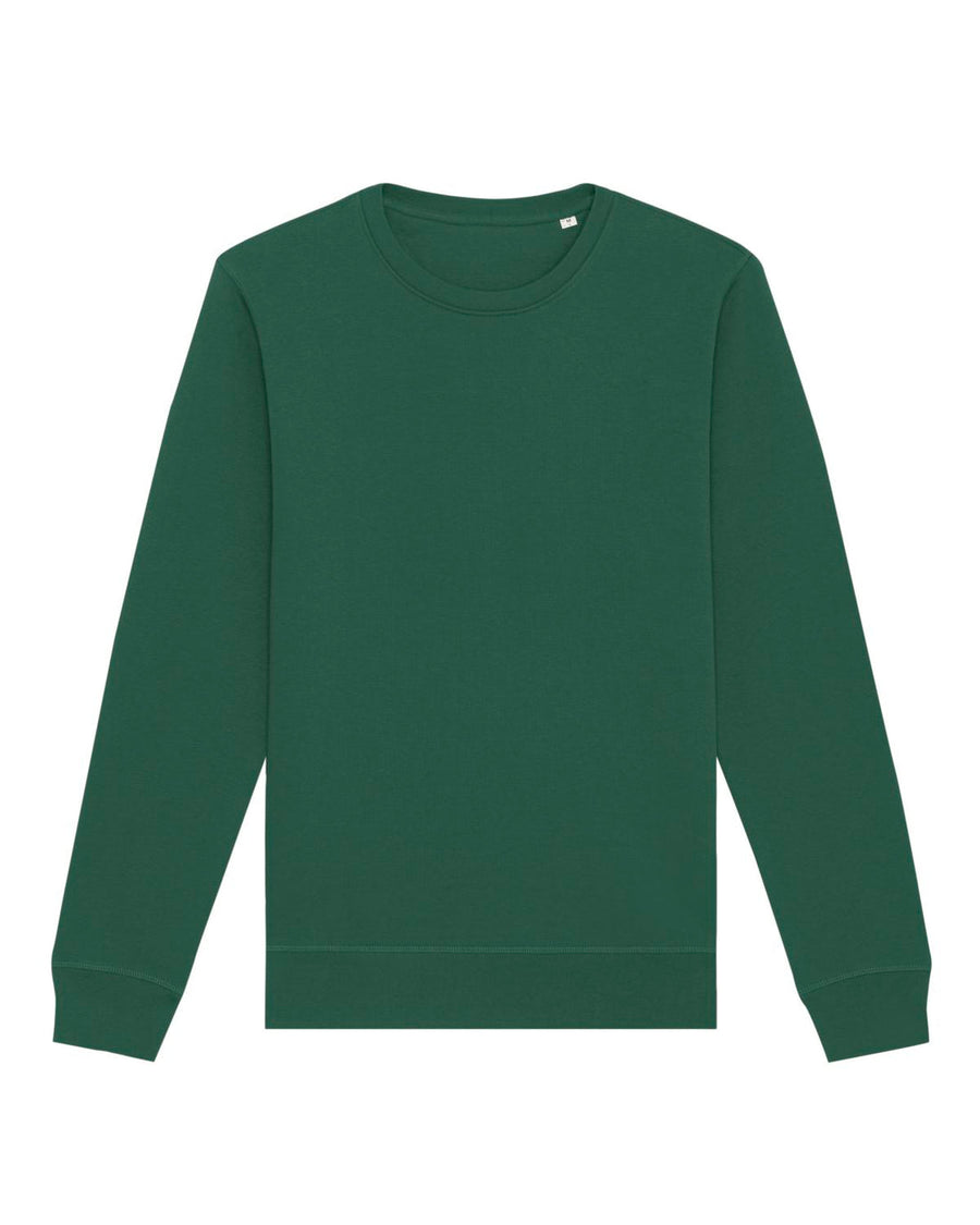 Plain green crew neck sweatshirt (test demo STSU868 Stanley/Stella Roller Organic Cotton Essential Sweatshirt) on a white background by My Needs Are Simple.