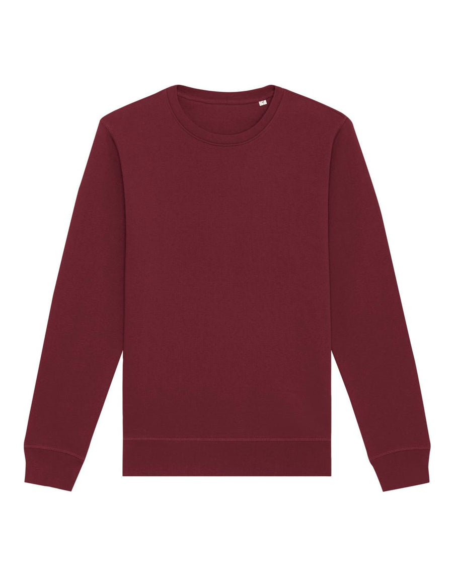 A plain maroon crew neck sweatshirt with long sleeves, displayed on a white background was the test demo STSU868 Stanley/Stella Roller Organic Cotton Essential Sweatshirt from My Needs Are Simple.