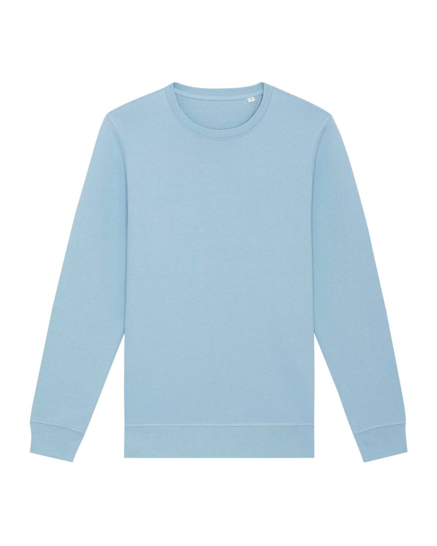 A light blue crewneck sweatshirt isolated on a white background, the test demo STSU868 Stanley/Stella Roller Organic Cotton Essential Sweatshirt from My Needs Are Simple.