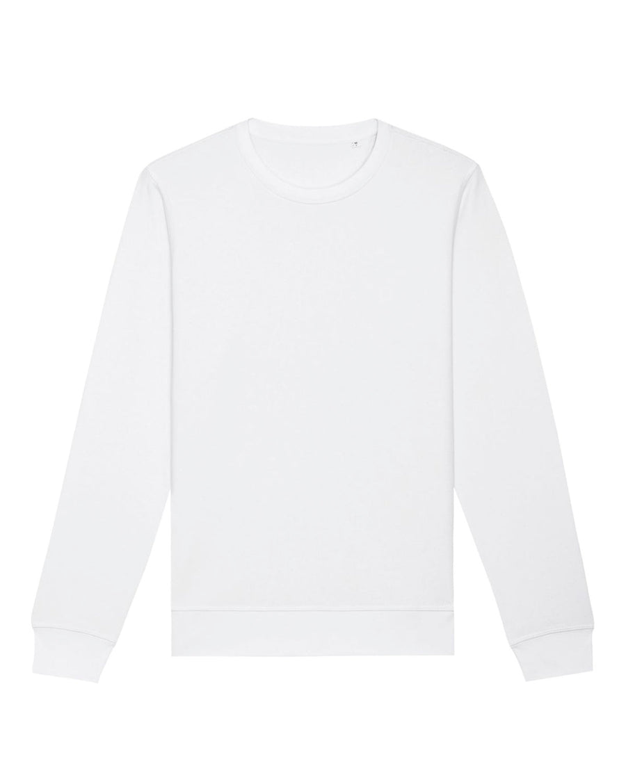 Sentence with replacement: Plain white crew neck test demo STSU868 Stanley/Stella Roller Organic Cotton Essential Sweatshirt displayed against a white background by My Needs Are Simple.