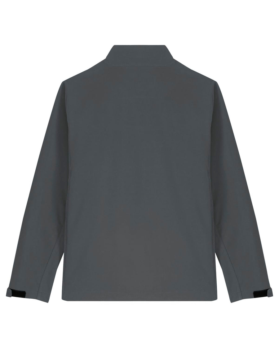 Back view of a water-repellent, plain grey MyNeedsAreSimple STJM167 Stanley/Stella Navigator Men's Non-Hooded Softshell jacket with long sleeves and visible cuffs on a white background.