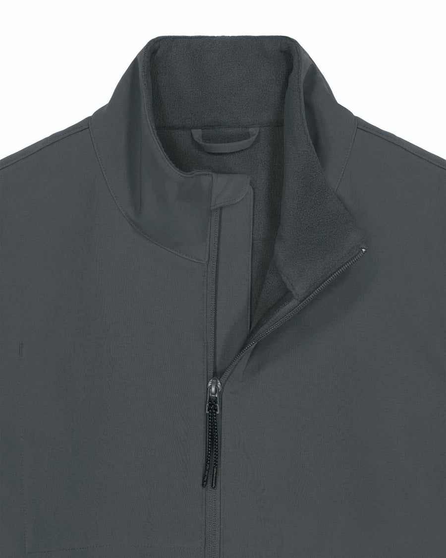Close-up view of a gray windproof zip-up MyNeedsAreSimple STJM167 Stanley/Stella Navigator Men's Non-Hooded Softshell jacket with a high collar.