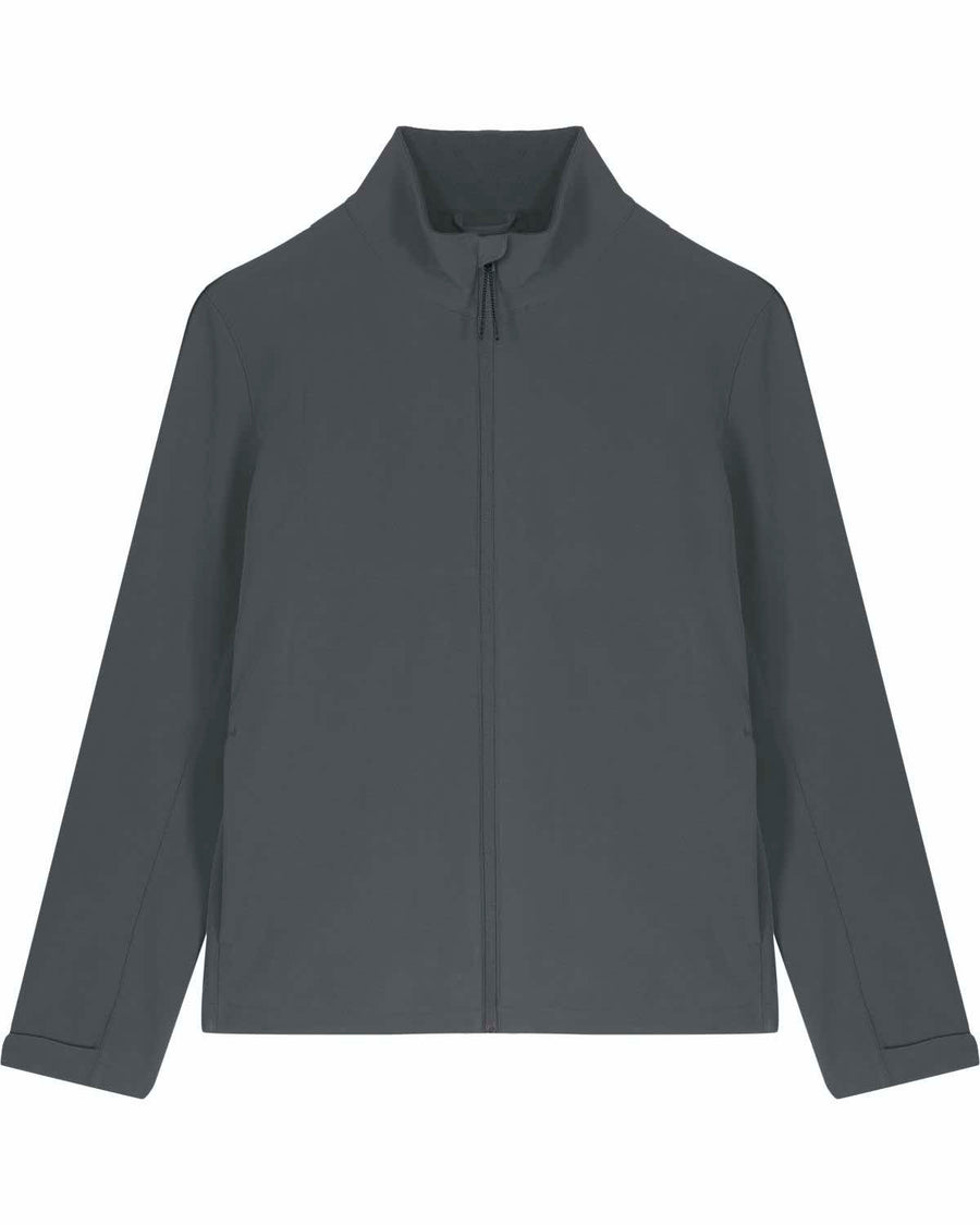 Gray MyNeedsAreSimple STJM167 Stanley/Stella Navigator Men's Non-Hooded Softshell jacket with a mandarin collar and long sleeves, displayed on a white background.