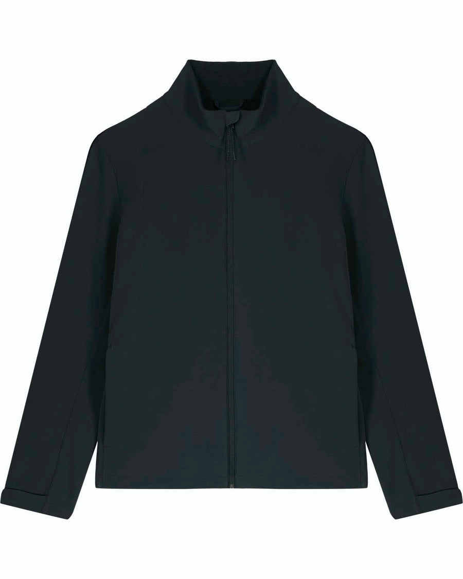 Black zip-up MyNeedsAreSimple STJM167 Stanley/Stella Navigator Men's Non-Hooded Softshell jacket with a mandarin collar, displayed on a plain background.