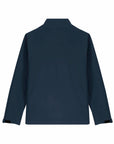 Back view of a MyNeedsAreSimple STJM167 Stanley/Stella Navigator Men's Non-Hooded Softshell jacket in navy blue with long sleeves and a straight collar, isolated on a white background.