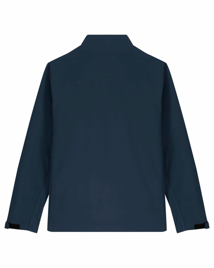 Back view of a MyNeedsAreSimple STJM167 Stanley/Stella Navigator Men's Non-Hooded Softshell jacket in navy blue with long sleeves and a straight collar, isolated on a white background.